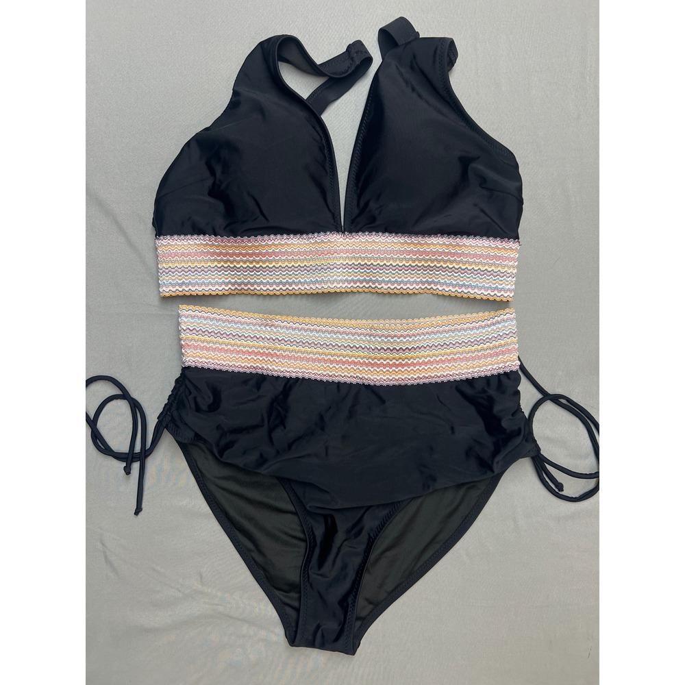 Bikini Set Black High Waisted Two Piece Swimsuit Multi Color Chevron Trim Large